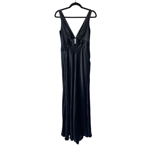 Y2K Maxi Dress Sz 8 Vintage Night Way Black Slip Satin Evening Prom Embellished - Picture 1 of 7